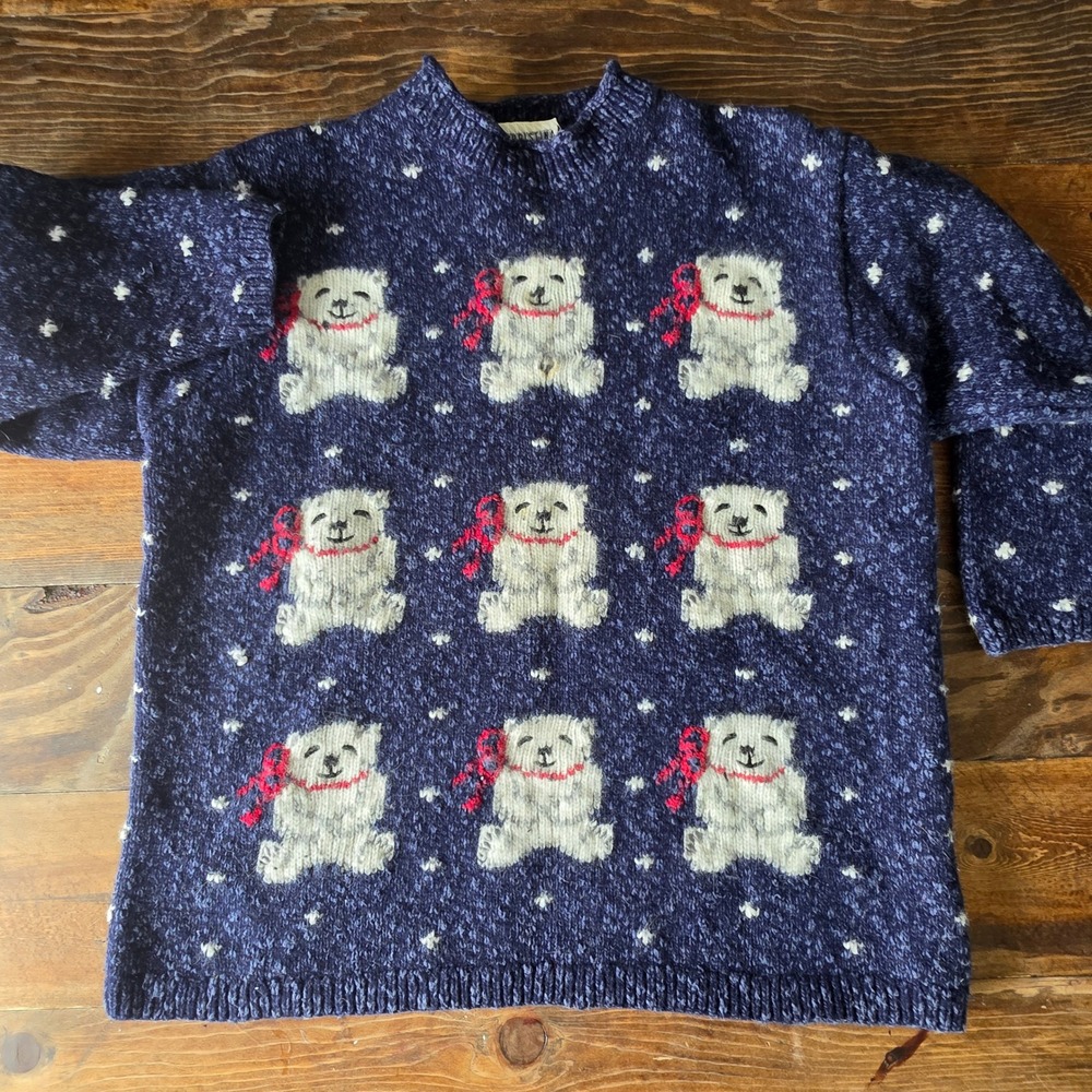 Marisa Christina S/M Sweater Bear Blue White Knit Cozy wool blend *imperfect